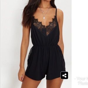 PrettyLittleThing Black Lace Trim Romper